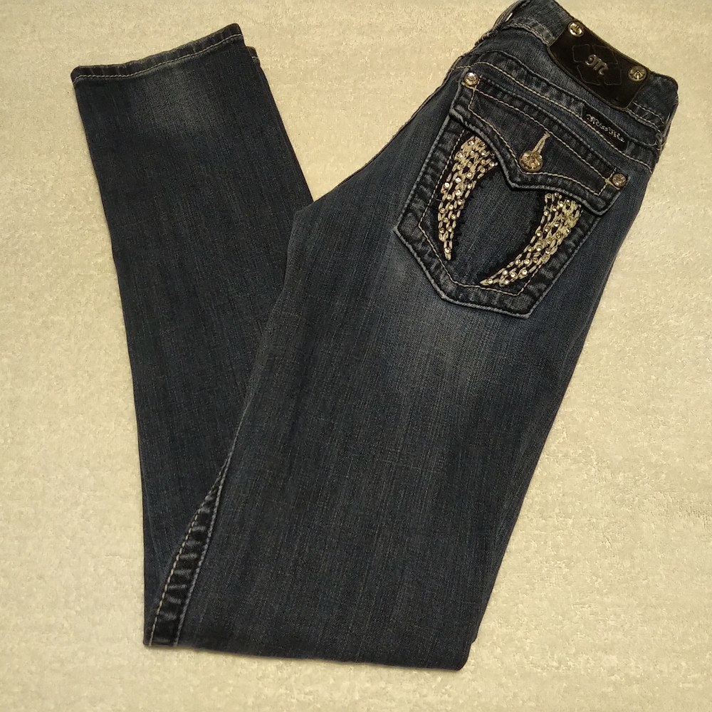 Miss Me Dark Blue Skinny Jeans with Embellished Pockets - Size 28